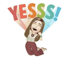 a cartoon girl jumping in the air with the word yesss behind her