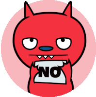 a red cartoon character holding a piece of paper that says no