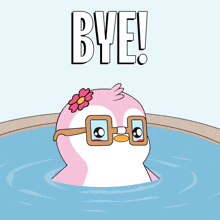 a cartoon of a penguin wearing glasses and a flower in its hair with the words bye written above it