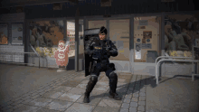 a man in a police uniform stands in front of a store with an ice cream cone in front of him