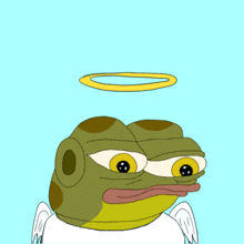 a cartoon frog with wings and a halo above its head