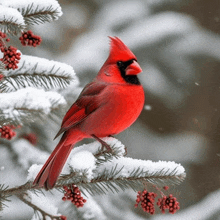 a red cardinal perched on a snow covered branch with red berries