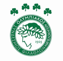 a green logo with a man 's head and shamrocks says olympiakos