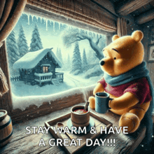 a winnie the pooh bear sitting in front of a window with a cup of hot chocolate