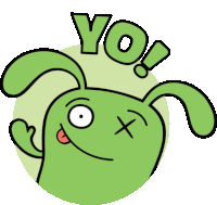 a green cartoon bunny with a cross on its forehead and the word yo on top