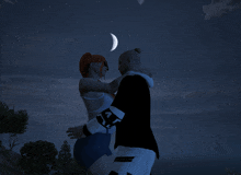 a man and a woman are dancing under a crescent moon in a video game