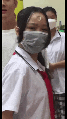 a girl wearing a face mask with a loading bar on her forehead