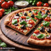 a pizza with tomatoes onions olives and basil on it