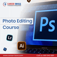 an advertisement for a photo editing course shows a macbook pro