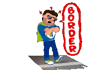 a cartoon of a man standing next to a border sign