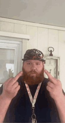 a man with a beard and hat is giving the middle finger in front of a clock .