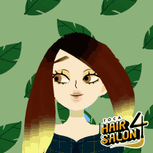 a cartoon drawing of a woman with long hair and the words toca hair salon 4