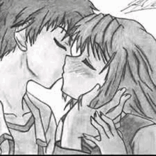 a black and white drawing of a boy and a girl kissing each other .