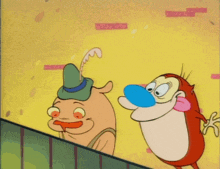 a cartoon character with a blue nose is holding a peanut in his mouth