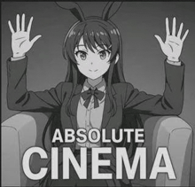 a black and white drawing of a girl with bunny ears sitting in a chair with her hands up .