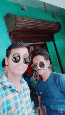 two young men wearing sunglasses pose for a picture with the number b612 on the bottom