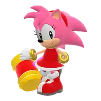 a pink cartoon character is holding a red and yellow toy