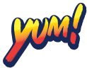 a cartoon illustration of the word yum ! on a white background .