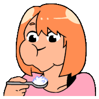 a cartoon drawing of a girl holding a spoon in her mouth