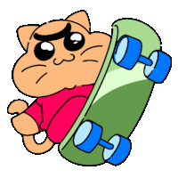 a cat in a red shirt is riding a green skateboard