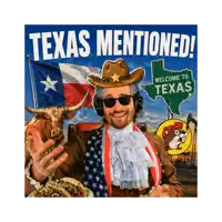 a man in a cowboy hat stands in front of a sign that says texas mentioned