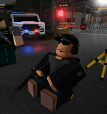 a video game character sitting in front of a police car and a sign that says " yo what "