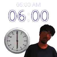 a man with glasses stands next to a clock that says 6:00 am