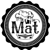 a black and white logo with a mug of beer and the word mat on it .