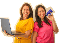 two women standing next to each other one holding a dell laptop and the other holding a toy gun