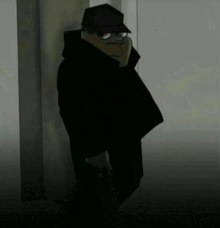 a cartoon character in a black coat and hat holding a gun