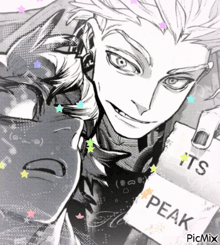 a black and white drawing of a man holding a card that says " it 's peak "