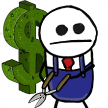 a cartoon character is holding a pair of scissors in front of a green dollar sign