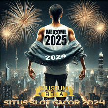 a man wearing a white tank top that says welcome 2025 stands in front of fireworks