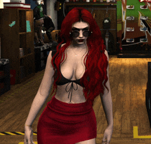 a woman with red hair and sunglasses stands in a store