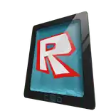 a tablet with a red and white r logo on the screen