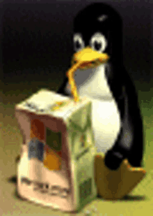 a penguin is drinking from a box of juice