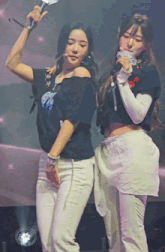 two women are dancing on a stage and one is singing into a microphone while the other is holding a light stick