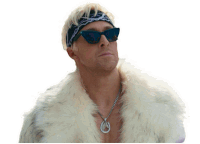 a man wearing a fur coat and sunglasses has a horseshoe necklace around his neck