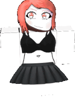 a drawing of a girl with red hair wearing a black bra and a black skirt