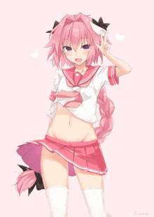 a girl with pink hair is wearing a pink skirt and white thigh highs