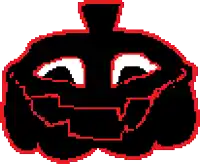 a pixel art drawing of a black pumpkin with white eyes and mouth