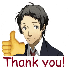 a man in a suit and tie is giving a thumbs up and the words thank you are below him