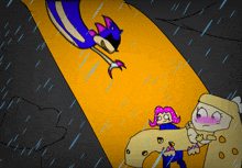 a cartoon of a girl with pink hair standing in the rain with a cartoon character flying overhead