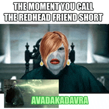 a meme that says the moment you call the redhead friend short and avadakadavra