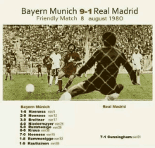 a black and white photo of a soccer game between bayern munich and real madrid in august 1980 .