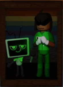 a painting of a man in a green suit standing next to a green robot .