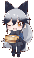 a cartoon drawing of a fox girl holding a wooden bucket