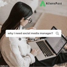 a woman is using a laptop and a search box says why i need social media manager