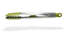 a pair of green and black tongs with holes in the handles