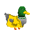 a pixel art of a duck wearing a yellow jacket and a green head .